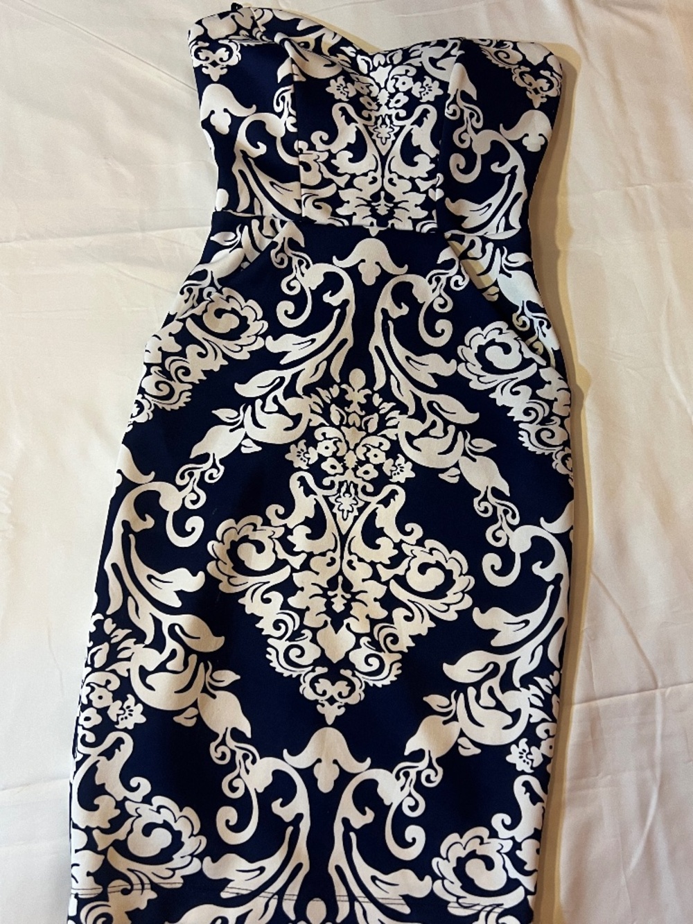 Strapless Sweetheart Neckline Damask Print Bodycon Dress | Navy Blue